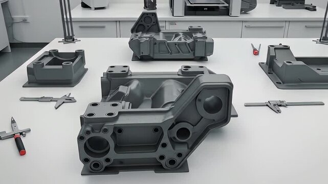 Gray Metal Industrial Parts on White Table in Brightly Lit Workshop Precision Engineering Machine Design for Manufacturing and Production