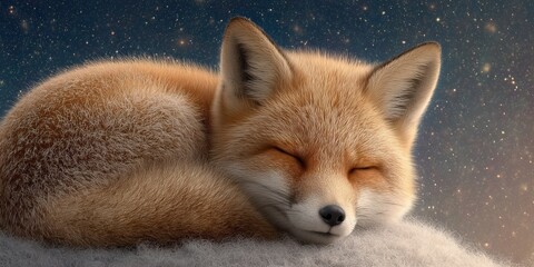 Cute red fox curled up sleeping under starry night sky on fluffy cloud.