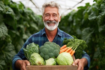 Smiling man holds a wooden crate full of fresh vegetables.