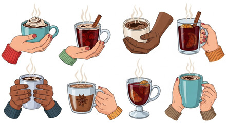  Human hands holding mugs with warm and hot winter drinks vector illustration set