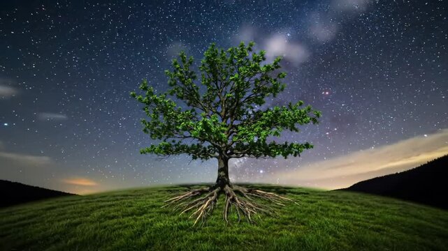 Breathtaking time-lapse animation of a lone tree growing on a grassy hill under a starry night sky. The tree sprouts from a seed, rapidly developing roots, trunk, branches, and lush green leave