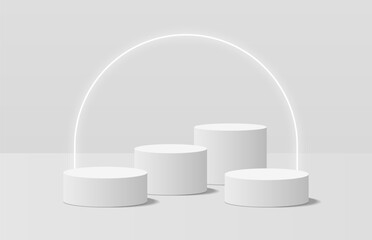 Soft realistic white 3d cylinder podium, half circle glowing neon light shining behind. 3D vector stage for product mockup. Geometric platform. Vector rendering. Minimal scene for product promotion.
