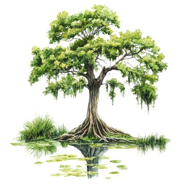 watercolor vector of A Swamp Tupelo Tree, high quality, isolated on a white background.