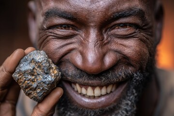 Close-up portrait of a man holding a piece of ore.