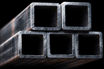 Close-up view of stacked square metal pipes.