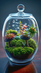 The glass terrarium displays a miniature garden with a variety of succulents and moss.