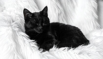 Black Cat Elegance: Serene Feline Resting on Luxurious White Fur Blanket