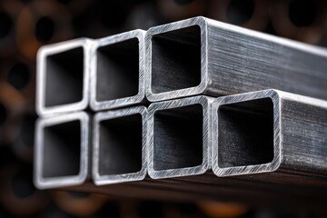 Close-up view of stacked square metal pipes.