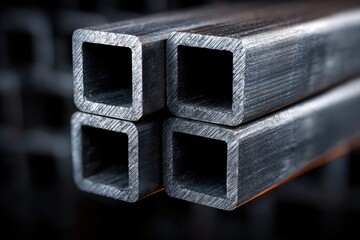 Close-up view of stacked square metal tubes.