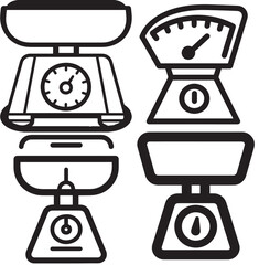 Black and white line art of four different balance scales.