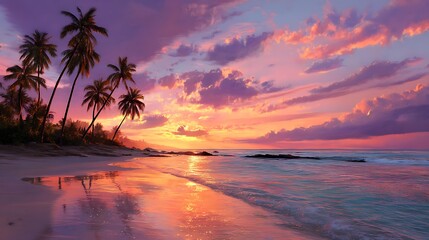 a tropical beach at sunset, towering palm trees, golden sand, vibrant sky with shades of orange and purple, reflections in calm ocean waves .