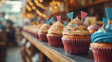 Colorful cupcakes lined up on a wooden shelf