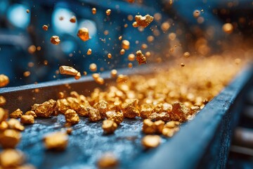 Golden nuggets cascade onto a conveyor belt.