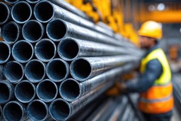 Steel pipes stacked in a factory.