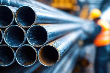 Close-up view of a stack of metal pipes.