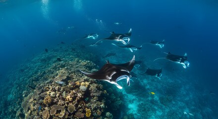 A group of manta rays is swimming together above a coral reef in the clear blue ocean during the daytime, likely for migration or feeding.