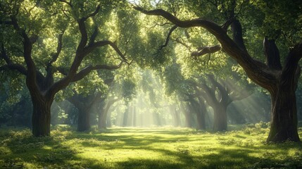 Fototapeta premium Sunlit Path Through Lush Green Forest