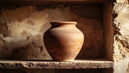 Pitted clay vessel on a weathered stucco shelf, surrounded by layers of faded mineral tones and matte dusty textures
