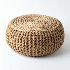 Handcrafted knitted pouf ottoman, cozy home furnishing, round seating element on white background