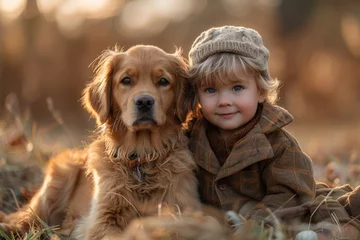 Fotobehang Dierenarts A smiling child and a golden retriever dog snuggle together outdoors in a picturesque autumn backdrop, showcasing a beautiful bond and joy of companionship.  © Pinklife