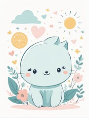 cute cartoon kitten with a flower. vector illustration. kawaii character.cute character.