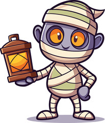 Cute Cartoon Mummy Holding a Lantern for Halloween Illustration