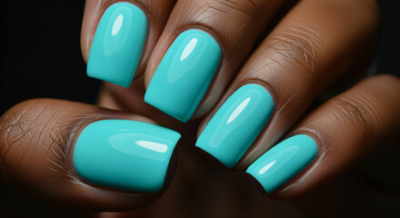 Close-up of a hand with neatly manicured nails painted in a bright turquoise color. The nails are smoothly polished and have a glossy finish, reflecting light.