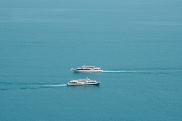 View of the sea from a height, two ships sailing to meet each other.