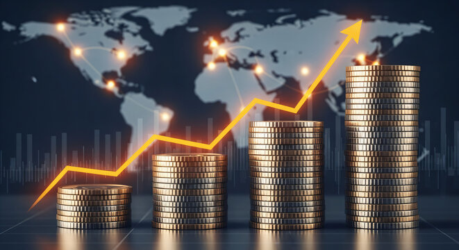 Several stacks of coins arranged to form a bar chart which is overlaid with an upward trending line graph. The overall theme depicts increasing wealth or economic improvement on a global scale.