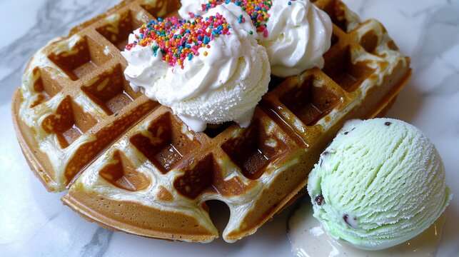 close-up of a Belgian waffle with deep pockets filled with dollops of whipped cream and rainbow sprinkles. A scoop of mint chocolate chip ice cream slowly melts beside it. Vibrant colors pop 