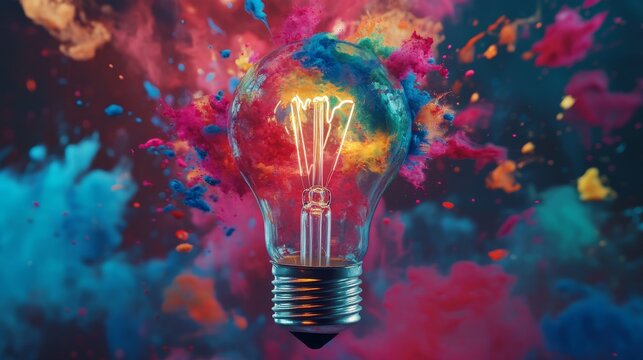 Creative light bulb exploding with vibrant colorful paint splashes symbolizing innovation, imagination, and breakthrough ideas in modern technology and design