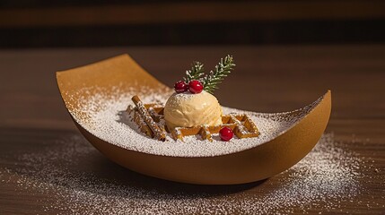 winter-themed waffle dessert dusted with powdered sugar to resemble snow, topped with eggnog-flavored ice cream and cinnamon sticks. Cranberry garnish adds festive color against a dark wooden 