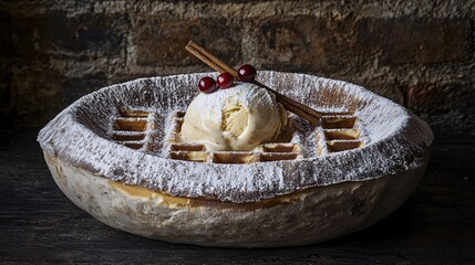 winter-themed waffle dessert dusted with powdered sugar to resemble snow, topped with eggnog-flavored ice cream and cinnamon sticks. Cranberry garnish adds festive color against a dark wooden 