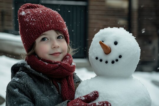 A cute girl in a red hat and scarf embraces a cheerful snowman in a snowy winter scene.