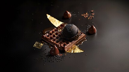 dramatic dark food photography shot of chocolate waffles with black sesame ice cream, gold leaf accents, and dark chocolate shavings. Moody lighting creates elegant shadows. dark food photography, 