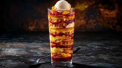 towering waffle and ice cream sundae in a tall glass, layering alternating waffle pieces and ice cream with strawberry sauce between each layer. A long spoon stands ready to dig in. waffle sundae, 