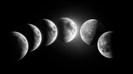 Phases of the moon displayed against a black backdrop.