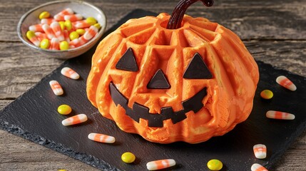 Halloween-themed waffle shaped like a pumpkin, with orange-colored ice cream and chocolate chip "face." Licorice strings create a stem, placed on a black slate with candy corn scattered around. 