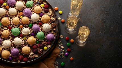 luxurious dessert board featuring mini waffles, assorted ice cream scoops, and an extravagant topping bar with sauces, fruits, nuts and candies. Champagne glasses sit nearby for a celebratory 