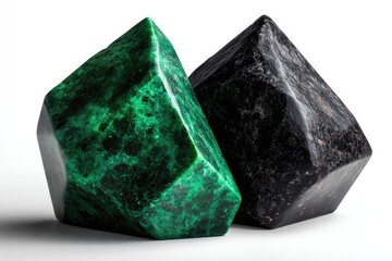 Two sculpted gemstone-like objects in contrasting colors.