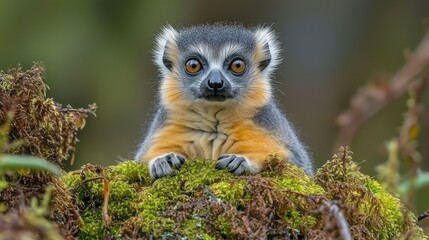 Naklejka premium Close-up of a lemur on mossy log