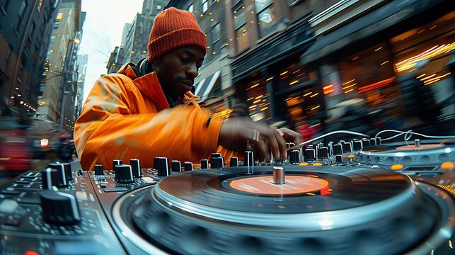 An engaging scene of a DJ focused on mixing tracks in a bustling urban setting, capturing the vibrancy and energy of street life and music culture.