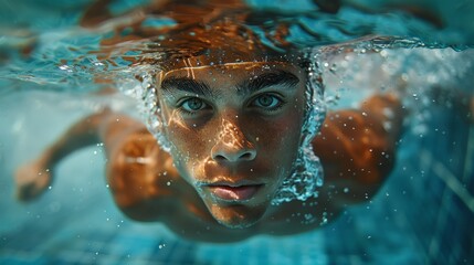 A focused male swimmer captured mid-stroke underwater, showcasing determination and energy, representing both physical prowess and the beauty of movement in water.