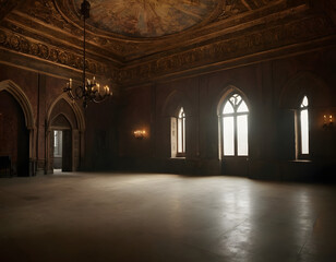 Obraz premium abstract renaissance empty big hall dark gothic light and smoke room, old aesthetic large hall with smoke