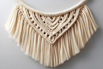 Cream colored macrame wall hanging with fringe.