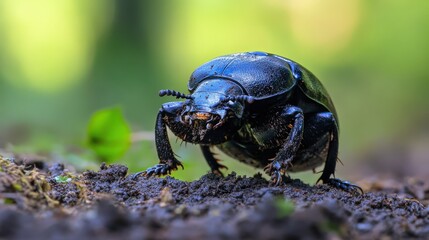 Naklejka premium A detailed closeup view of a black beetle insect