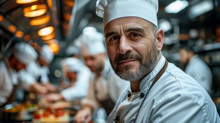 An experienced chef in a bustling kitchen scene, emphasizing the artistry of culinary preparation with his focused expression as other chefs collaborate in the background.