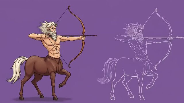 Mythical centaur archer drawing in action, showcasing strength and skill against a purple backdrop