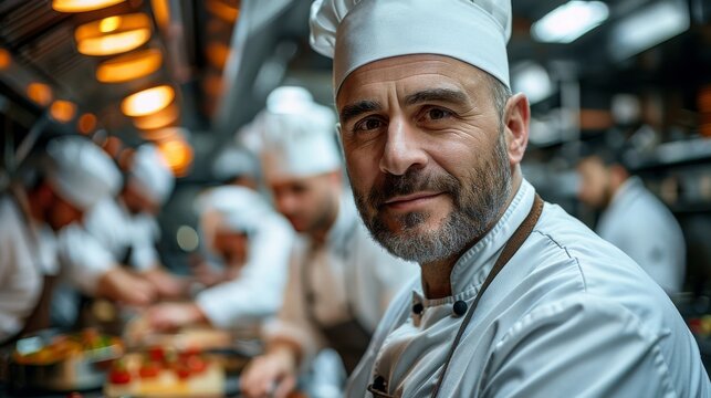 An experienced chef in a bustling kitchen scene, emphasizing the artistry of culinary preparation with his focused expression as other chefs collaborate in the background.