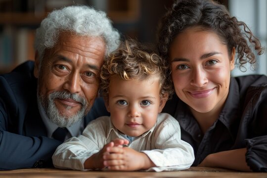 A heartwarming family portrait showcasing three generations smiling together, radiating love and joy, capturing the essence of family bonds and connection.